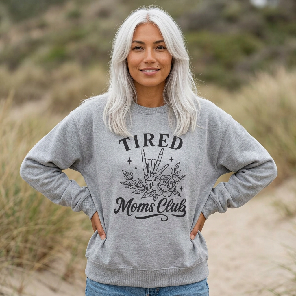 Tired Moms Club Crewneck Sweatshirt — Floral Rock Hand Graphic